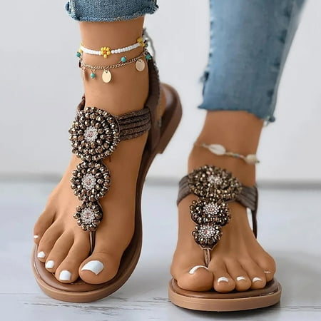 

Womens Wedges Sandals Elastic Ankle Strap Casual Beach Shoes Slingback Toe Post Bohemian Beaded Sandals Note Please Buy One Or Two Sizes Larger