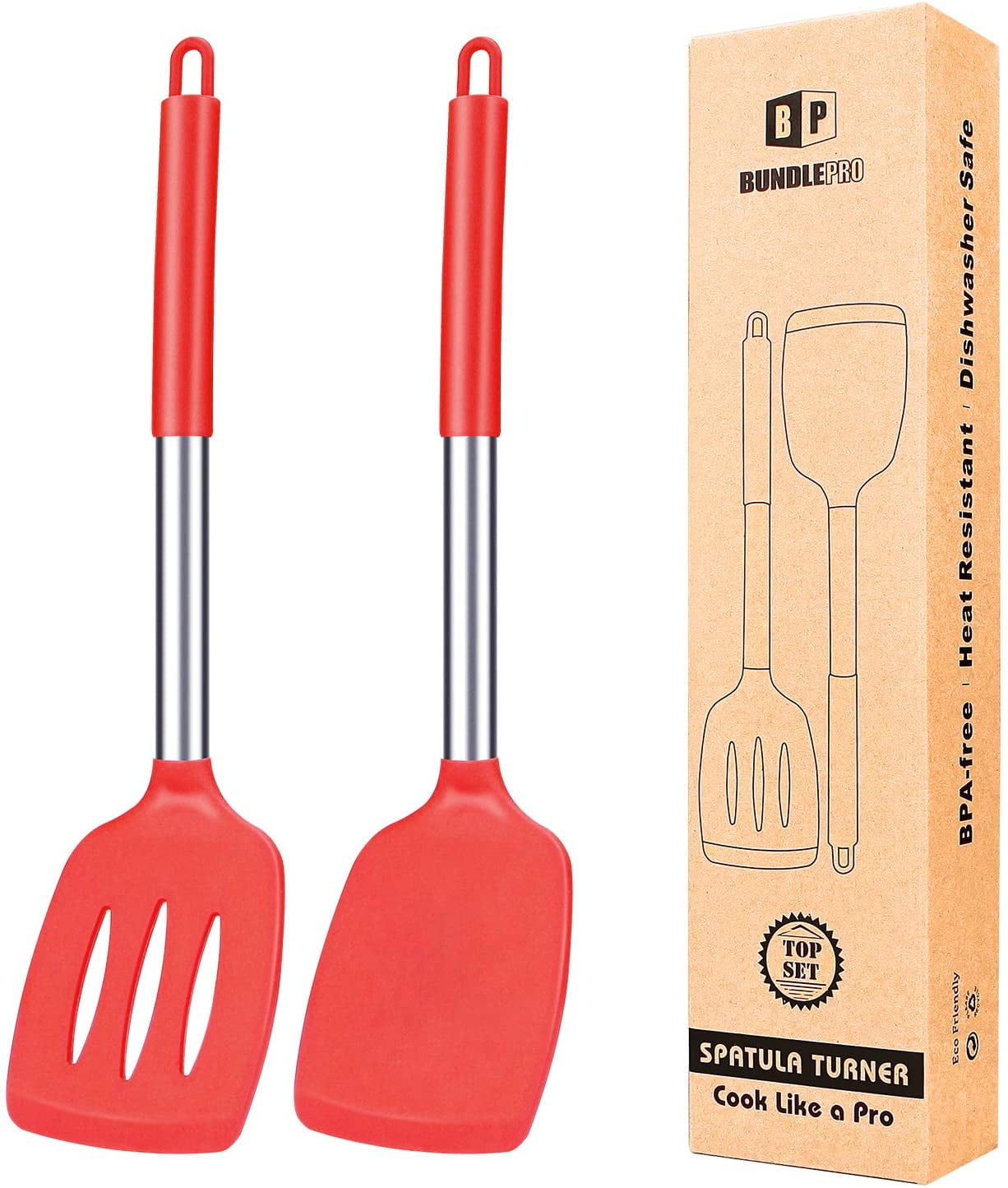 Bundlepro Pack of 2 Silicone Spatulas Turners, Non Stick Slotted and
