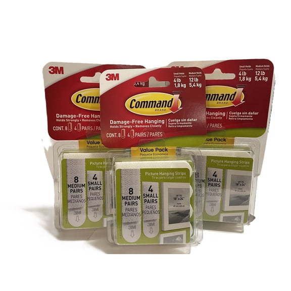 3 X Command 17203 Picture Mounting Strips, Multi-Pack, 4 x 2 Small Strips and 8 x 2 Medium Strips