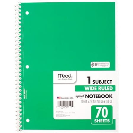 Mead Spiral Notebook 1 Subject Wide Ruled 70 Sheets 10 12 x 7 12 Green - Wide
