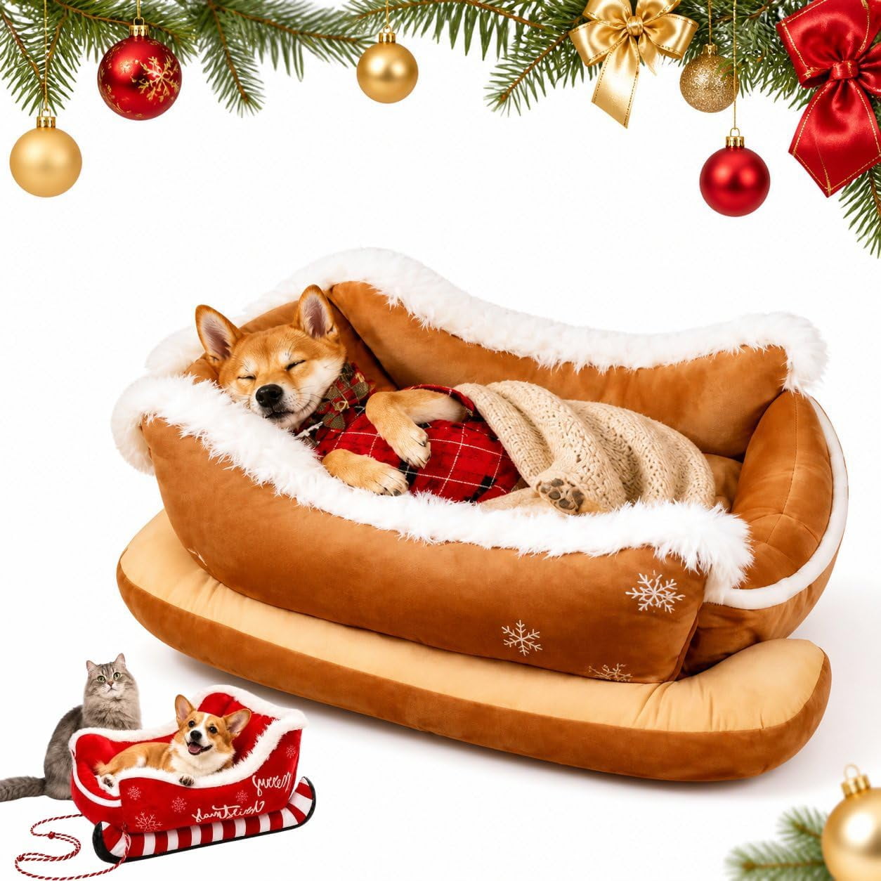 Dog Sleigh Bed, Christmas Sleigh Dog Bed, for Dogs and Cats，#B-S | Cosy, Washable, Comfortable, Santa Sleigh, Festive Plush Winter Holiday Sleeping Sofa for Small & Large Pets Indoor Rest
