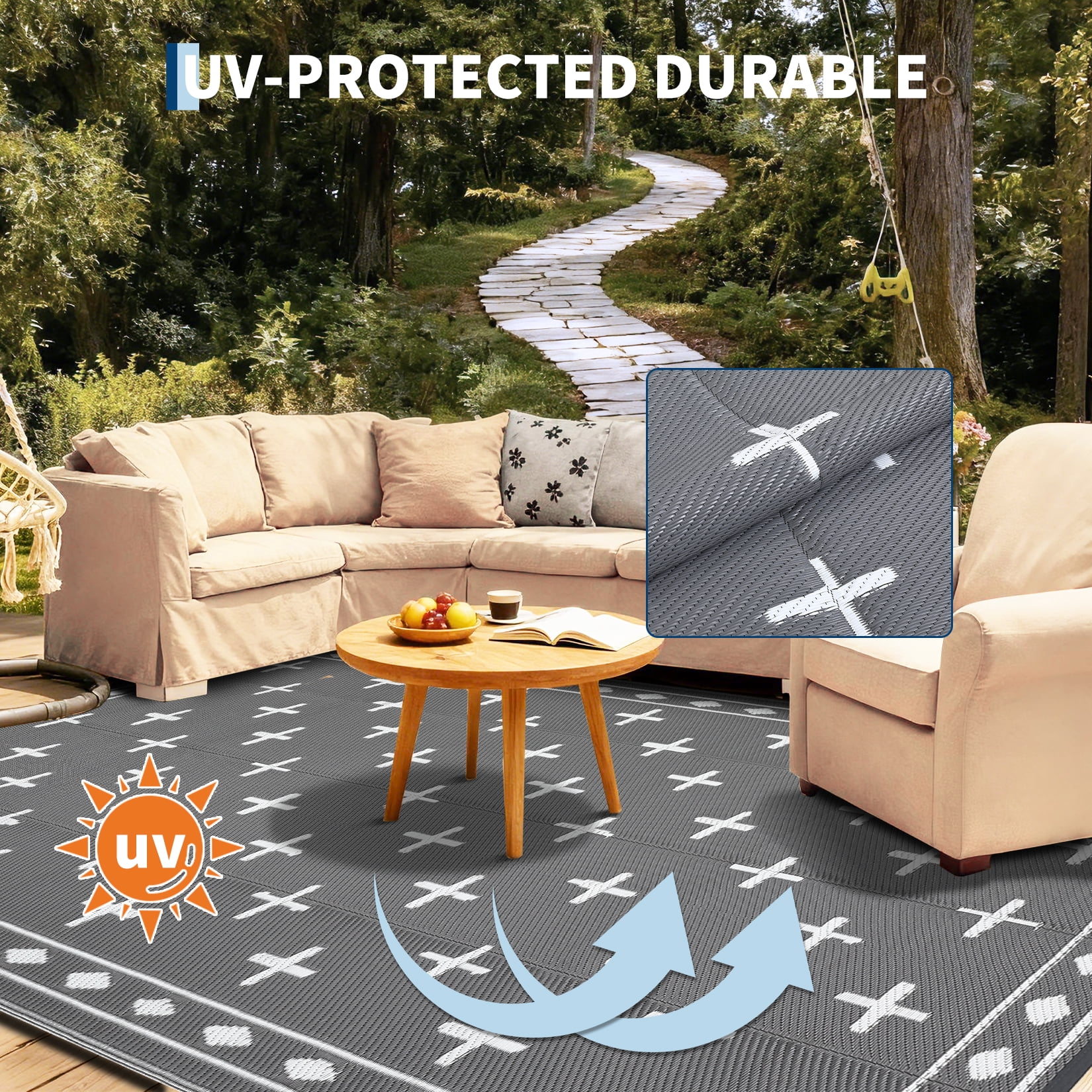 Volkmi Reversible Geometric Outdoor Rug – Waterproof, UV Resistant Low-Pile Plastic Mat for Patio, Garden, Camping, Easy to Clean, Large Area Carpet, Grayish White 9*12 ft