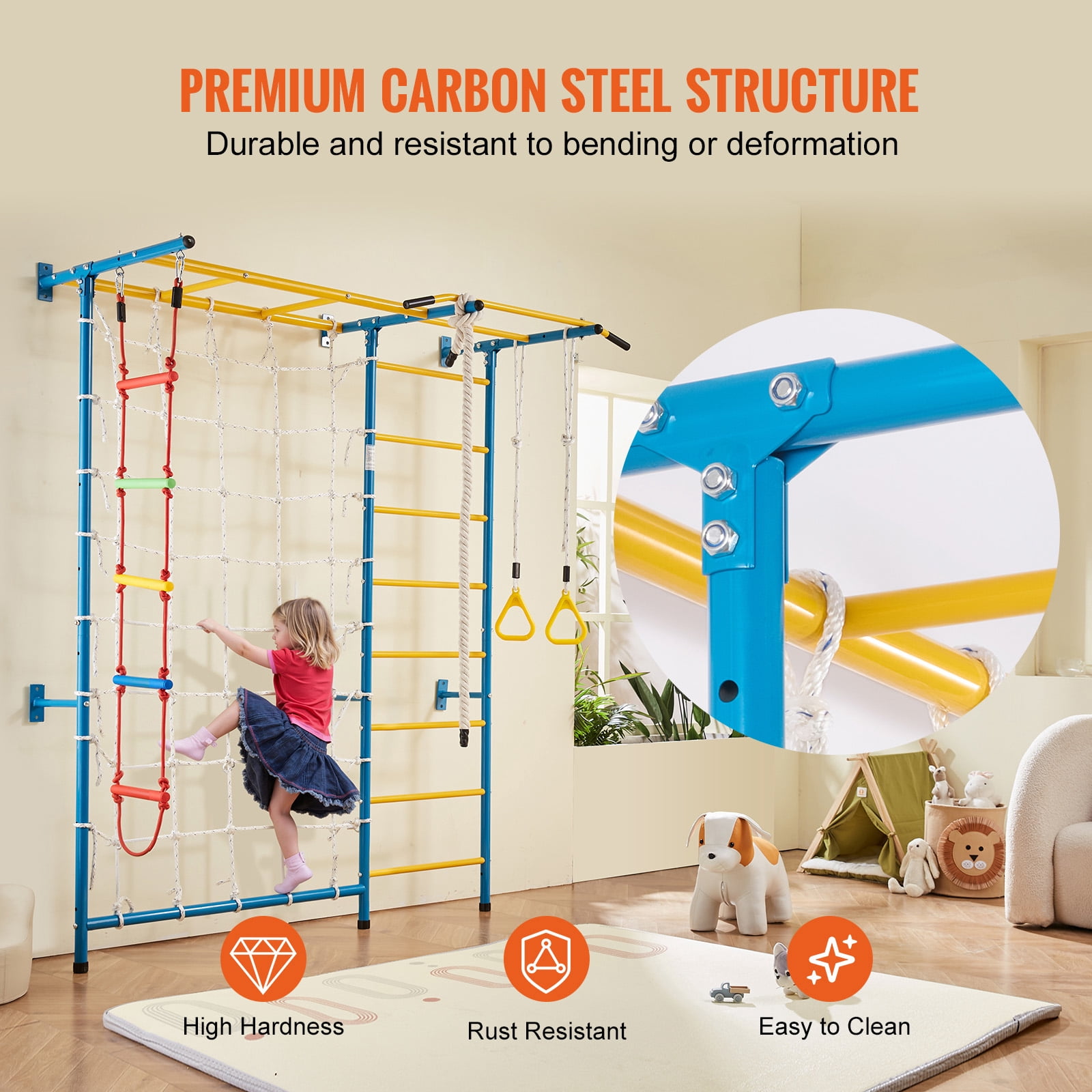 KFFKFF Indoor Play Equipment for Young Kids, 7-Feature Climbing Structure with Carbon Steel Swedish Steps, Wall Steps, Chin-Up Bar, Cord Steps, and Athletic Loops, Holds up to 220 lbs, Various Colors