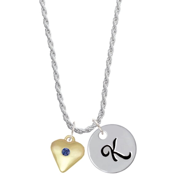 Delight Jewelry Goldtone Large September - Blue Crystal Heart Silvertone Script Initial Disc - K - Charm Necklace, 20"+3"