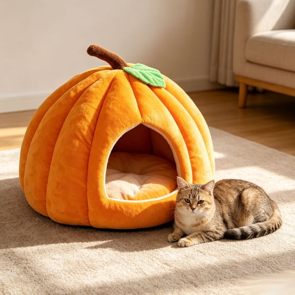 Pumpkin Cat Cave Bed Soft Enclosed Pet Bed for Cats Small Dogs Warm Cozy Sleeping Shelter with Removable Cushion