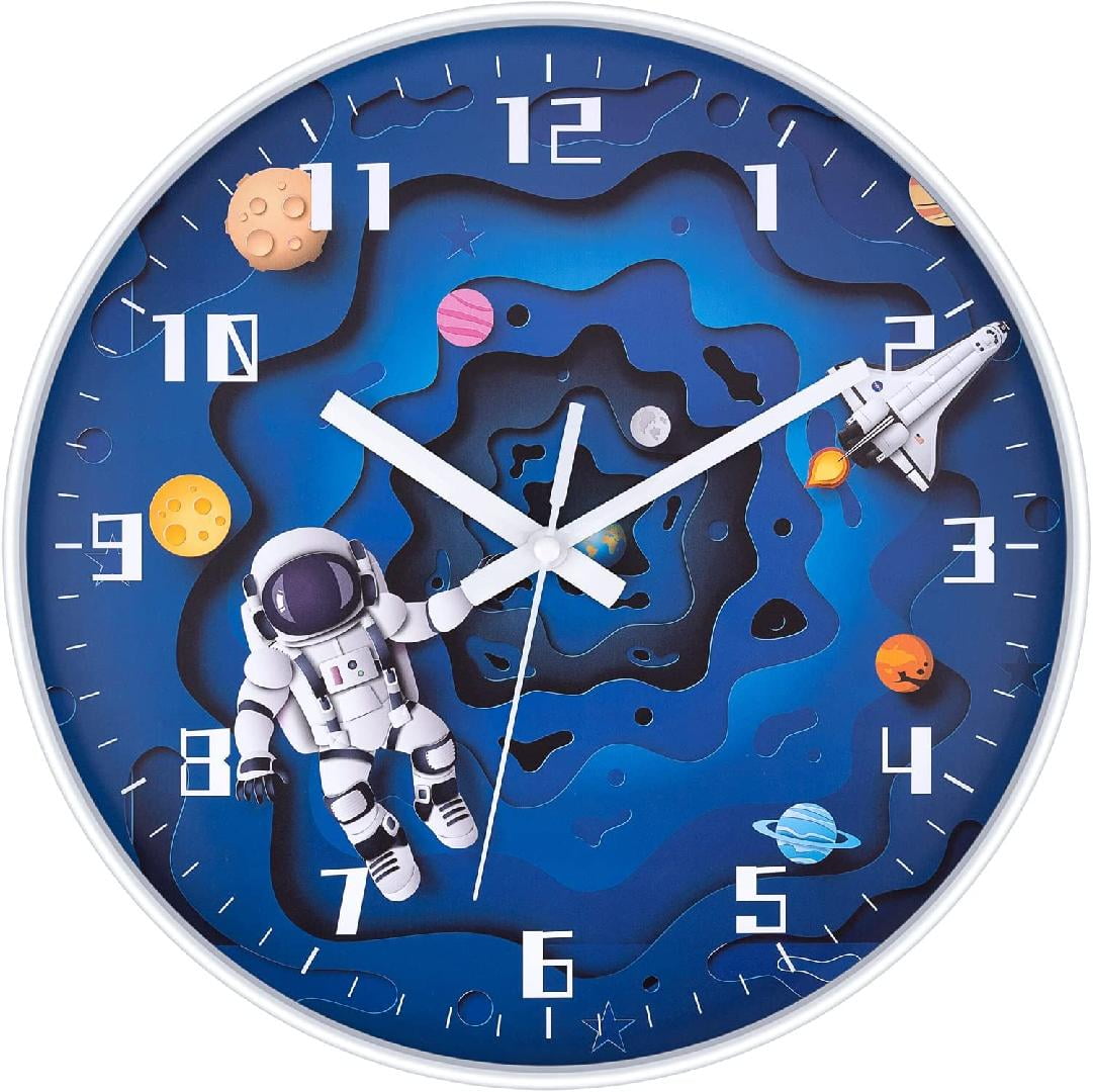 Silent Kids Wall Clock 12 Inch NonTicking Battery Operated Round Children Wall Clock Space