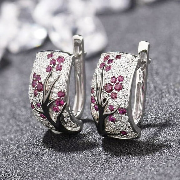 Fashion Women 925 Sterling Silver Ruby Diamond Floral Hoop Earrings