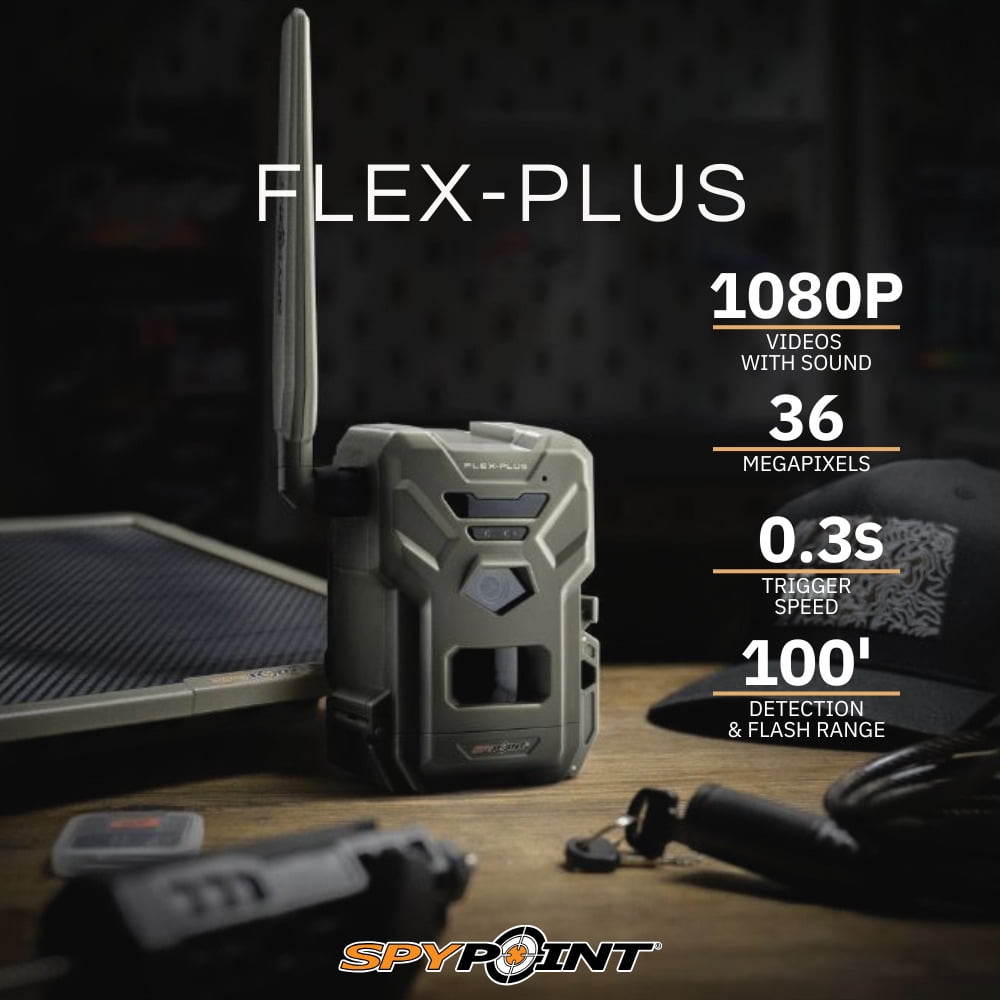 Spypoint FLEX-PLUS 36 MP Cellular Trail Camera Bundle with Lithium Battery Solar Panel, Rechargeable Lithium Battery Pack, Memory Card, and Focus All-In-One High Speed Card Reader (5 Items)