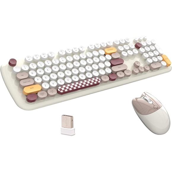 Wireless Keyboard and Mouse Combo with Colorful Retro Round Keys, Cute Aesthetic Design, Plug-and-Play 2.4G Connection, Quiet Typing for Office, Home, and Laptop Use