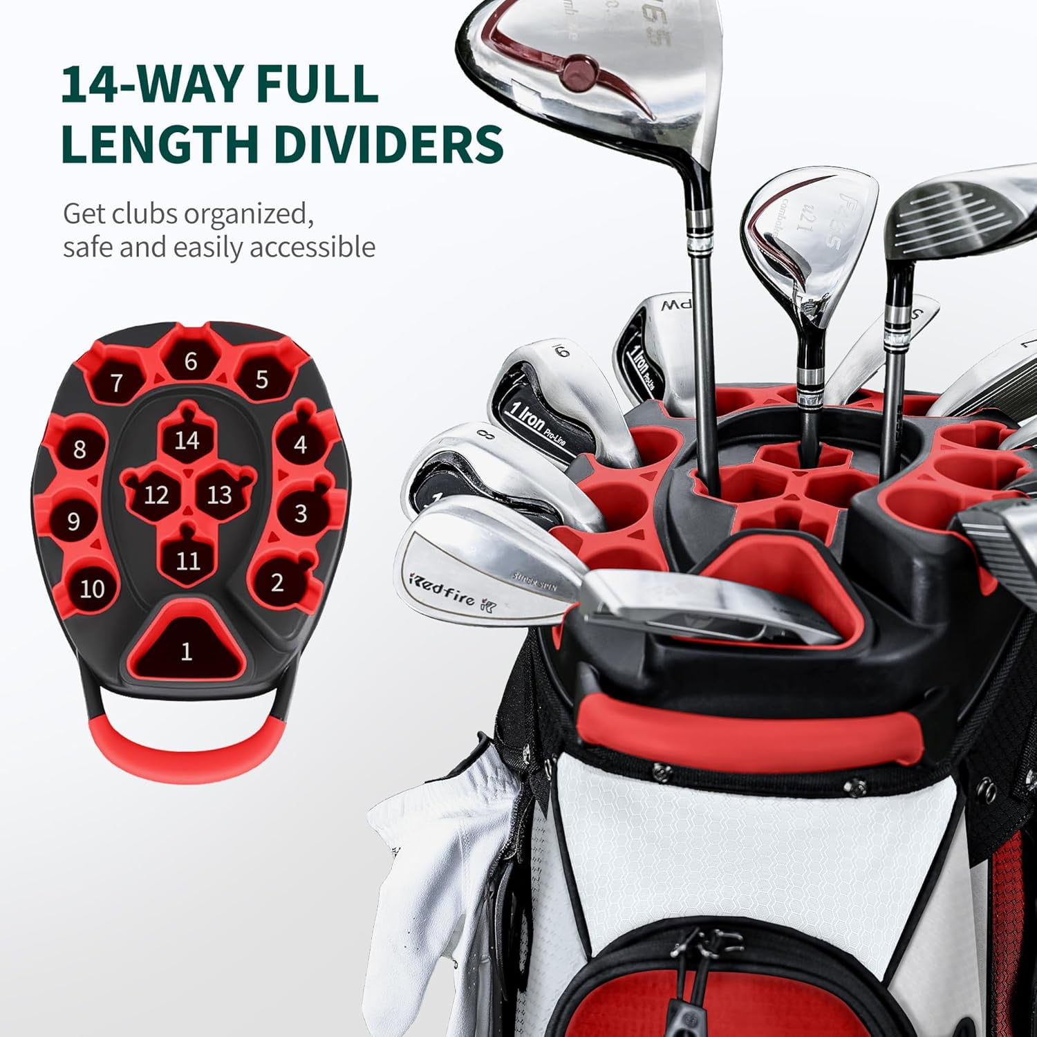 Silent Golf Cart Bag, Molded Lock Top Golf Bag with 14-Way Full-Length Dividers Large Capacity Cooler Pocket Padded Strap Golf Club Bag with Rain Hood for Trolley Players,red