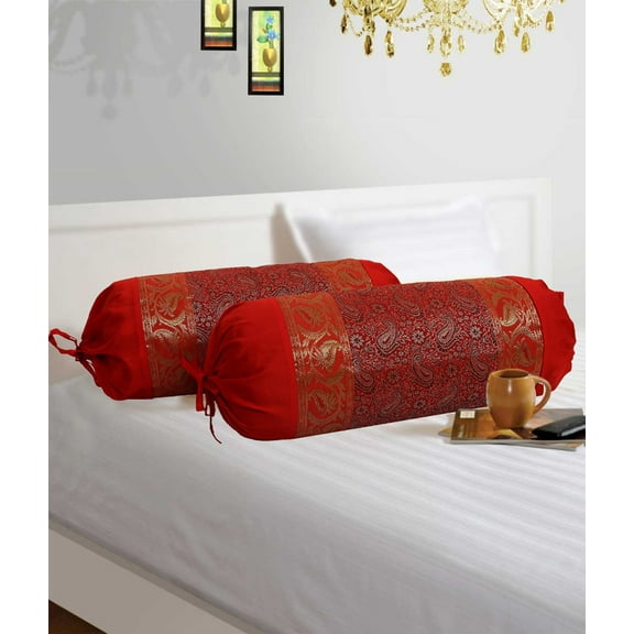 Stylo Culture Traditional Polydupion Cylindrical Tube Pillow Bolster Pillow Covers Red Jacquard Brocade Border Paisley Large Couch Round Cylinder Cushion Covers (Set of 2) | 30x15 Inches (76x38 cm)