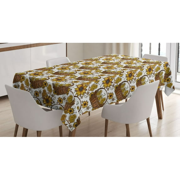 Yellow Bird Tablecloth, Vintage Style Sketch of Little Chickens in Baskets with Flowers, Rectangle Satin Table Cover Accent for Dining Room and Kitchen, 60" X 90", Multicolor, by Ambesonne