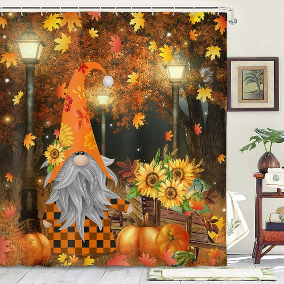 Fall Shower Curtain for Bathroom, Autumn Forest Gnome Pumpkin Harvest Farmhouse Shower Curtain, Rustic Fall Nature Woodland Waterproof Fabric Shower Curtain Sets with 12Pcs Hooks, 70"X70"