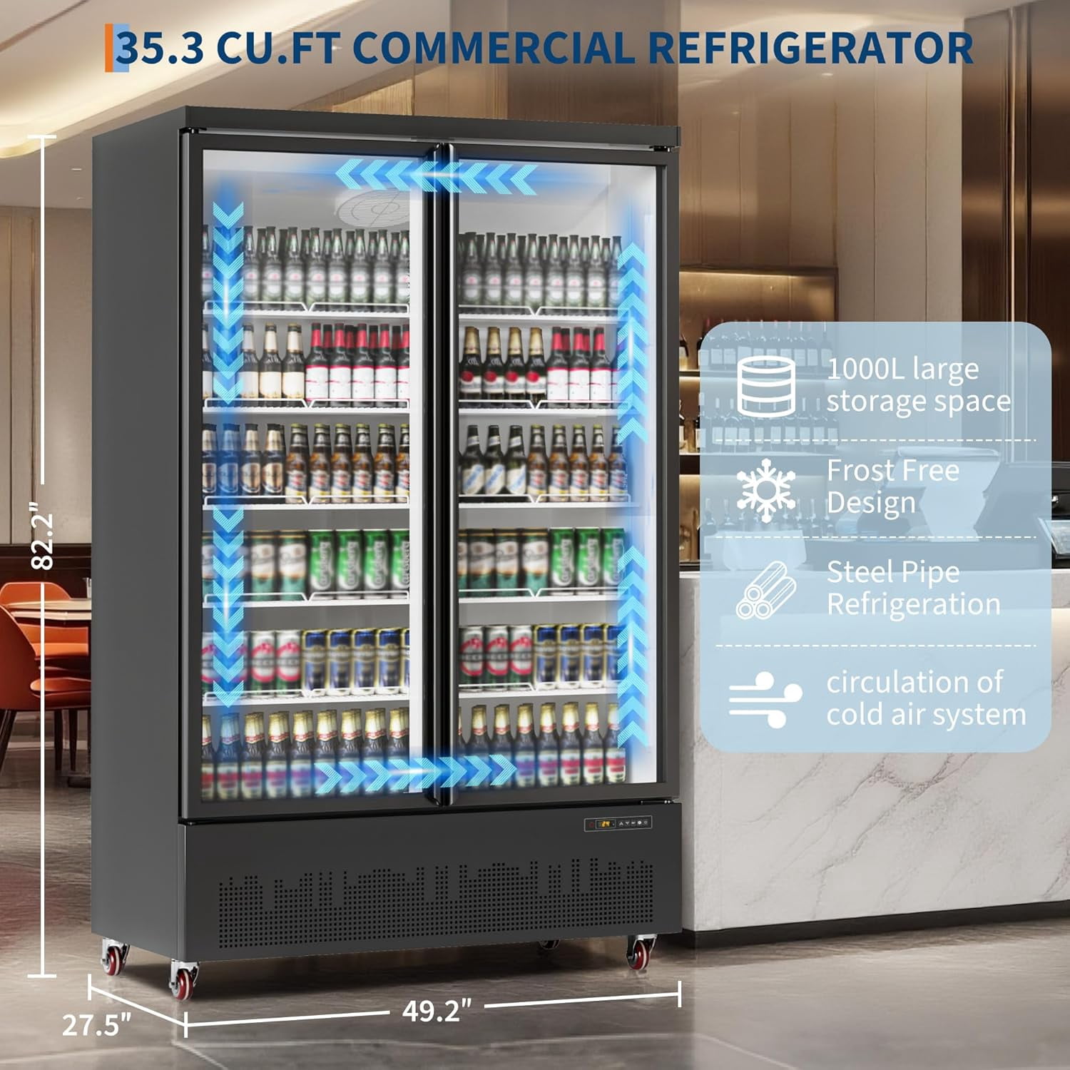 Hipicute 35.3 Cu.Ft Commercial Merchandiser Refrigerator, Large Glass Door Display Fridge with 5 Adjustable Shelves, High Capacity Cooler for Restaurant, Store, Bar, Supermarket, Beverage Display
