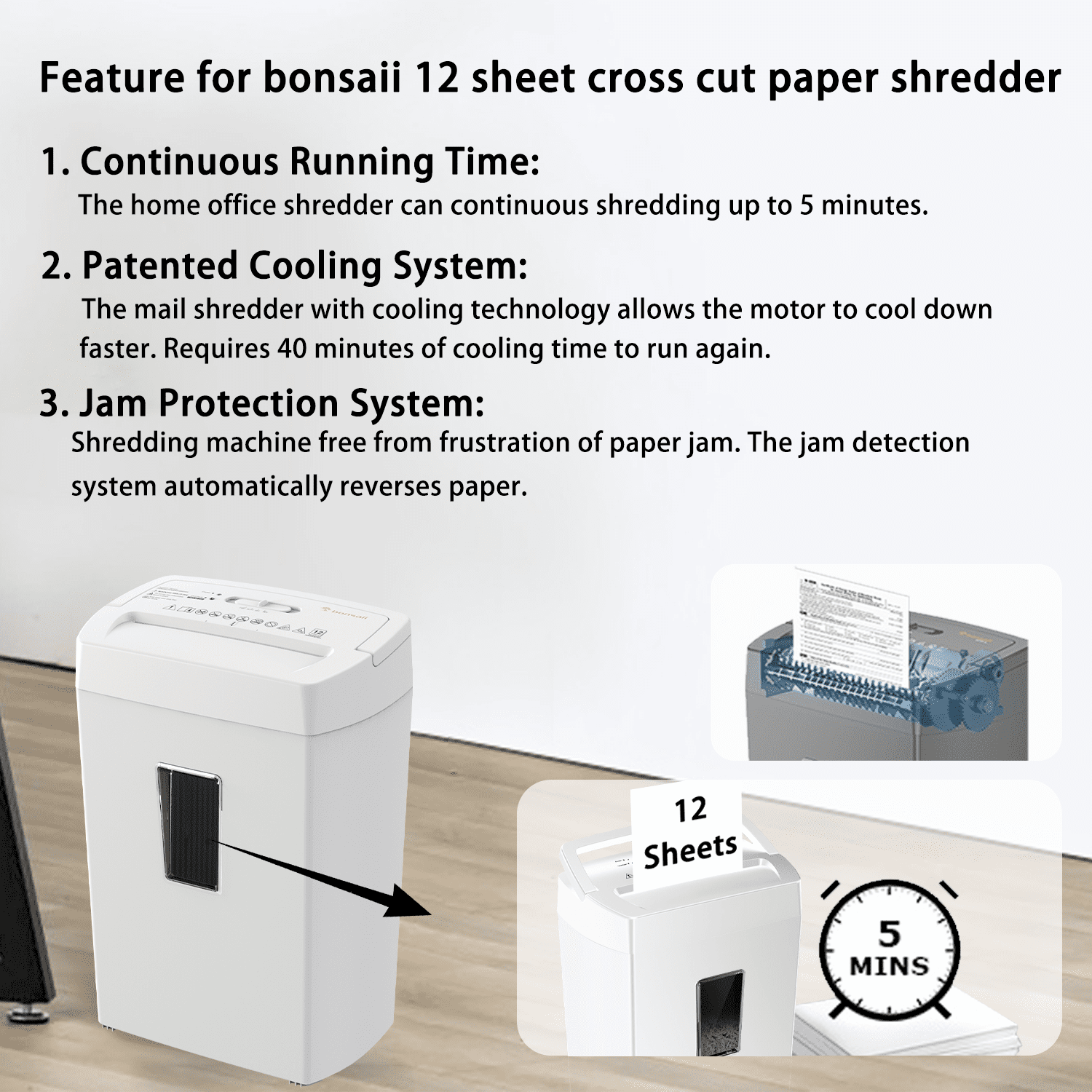 Bonsaii 12-Sheet Heavy-Duty Paper Shredder, P-4 Security, 5.5-Gallon Bin for Home/Office