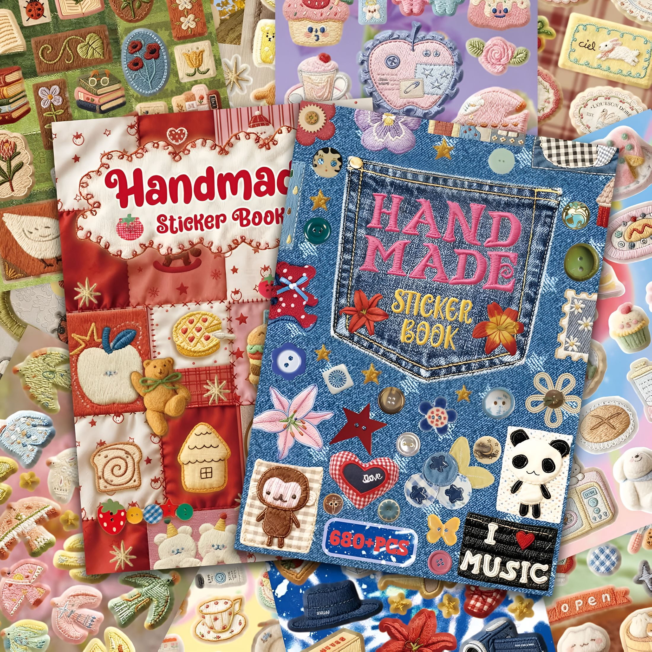 CCOCC 2 in 1 Japanese Sticker Book Combo Set with Red and Blue Patterned Die Cut Stickers 60 Sheets for Journaling
