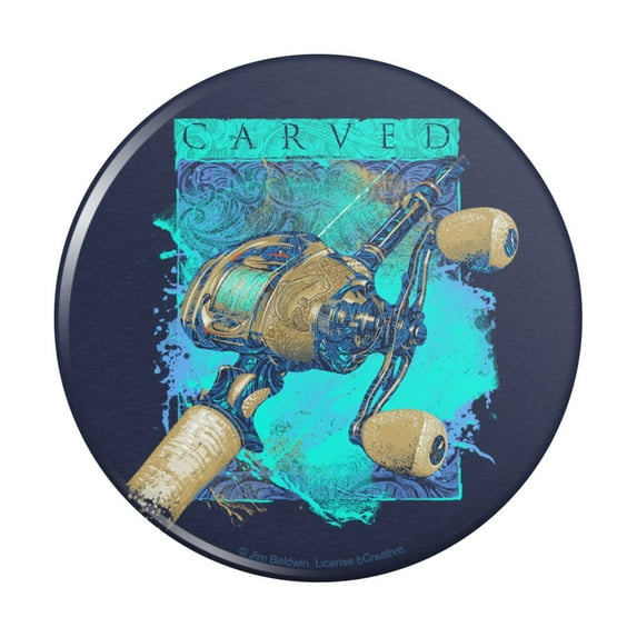 Carved Bass Fishing Rod Baitcaster Reel Pinback Button Pin