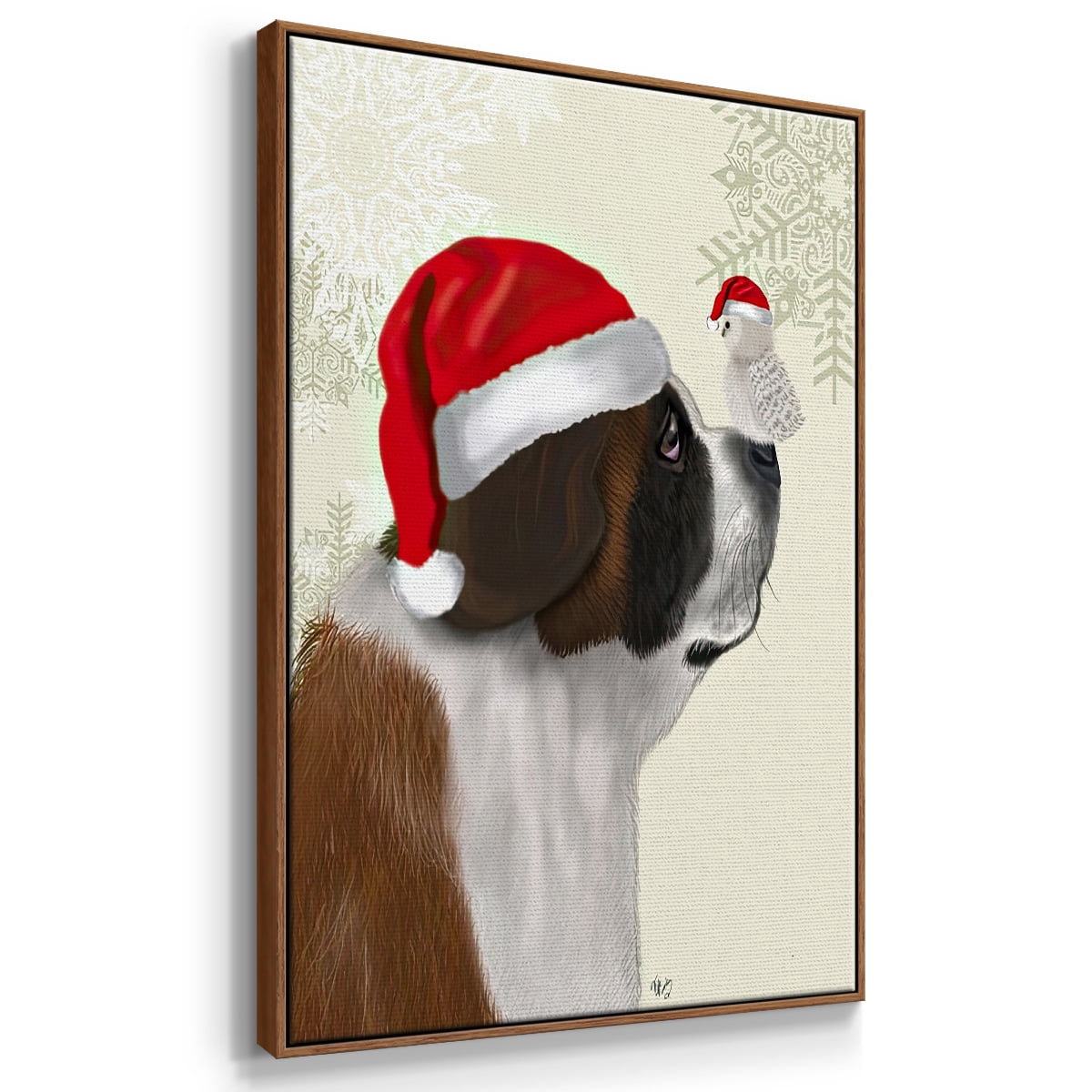 Christmas St Bernard and Fluffy Owl - Framed Gallery Wrapped Holiday Canvas - 25 x 37 - Rosewood Frame