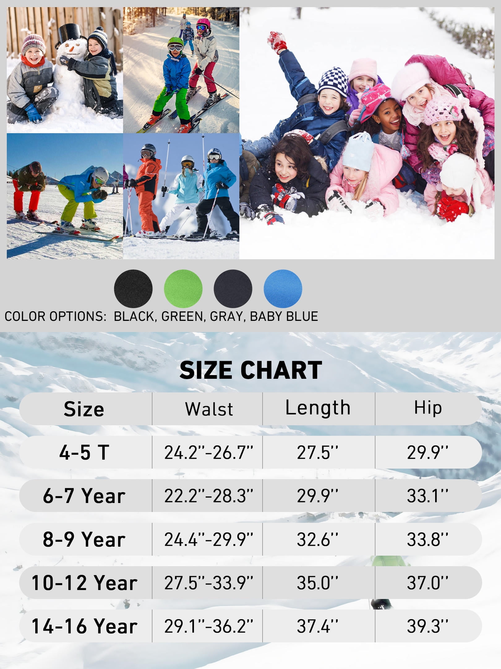 FEN AI Boy's Kids Youth Ski Snow Pants Windproof Waterproof Hiking Pant Expandable Waist Soft Shell Winter Warm Insulated Trousers Grey Size 10-12