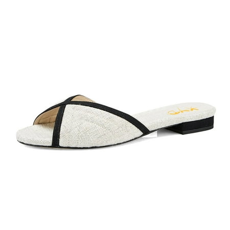 

XYD Women Crossover Strap Round Open Toe Sandals Flat Slides Backless Mules Beach Walking Shoes Size 5.5 White Linen
