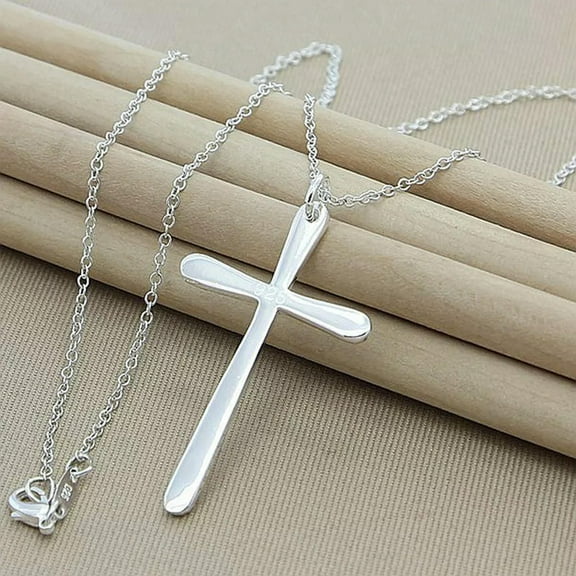 GKNET 925 Sterling Silver Plated Cross Shape Pendant Chain Necklace Catholic Fashion