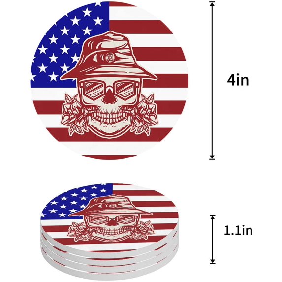 FMSHPON Independence Day American Flag Set of 4 Round Coaster for Drinks, Absorbent Ceramic Stone Coasters Cup Mat with Cork Base for Home Kitchen Room Coffee Table Bar Decor