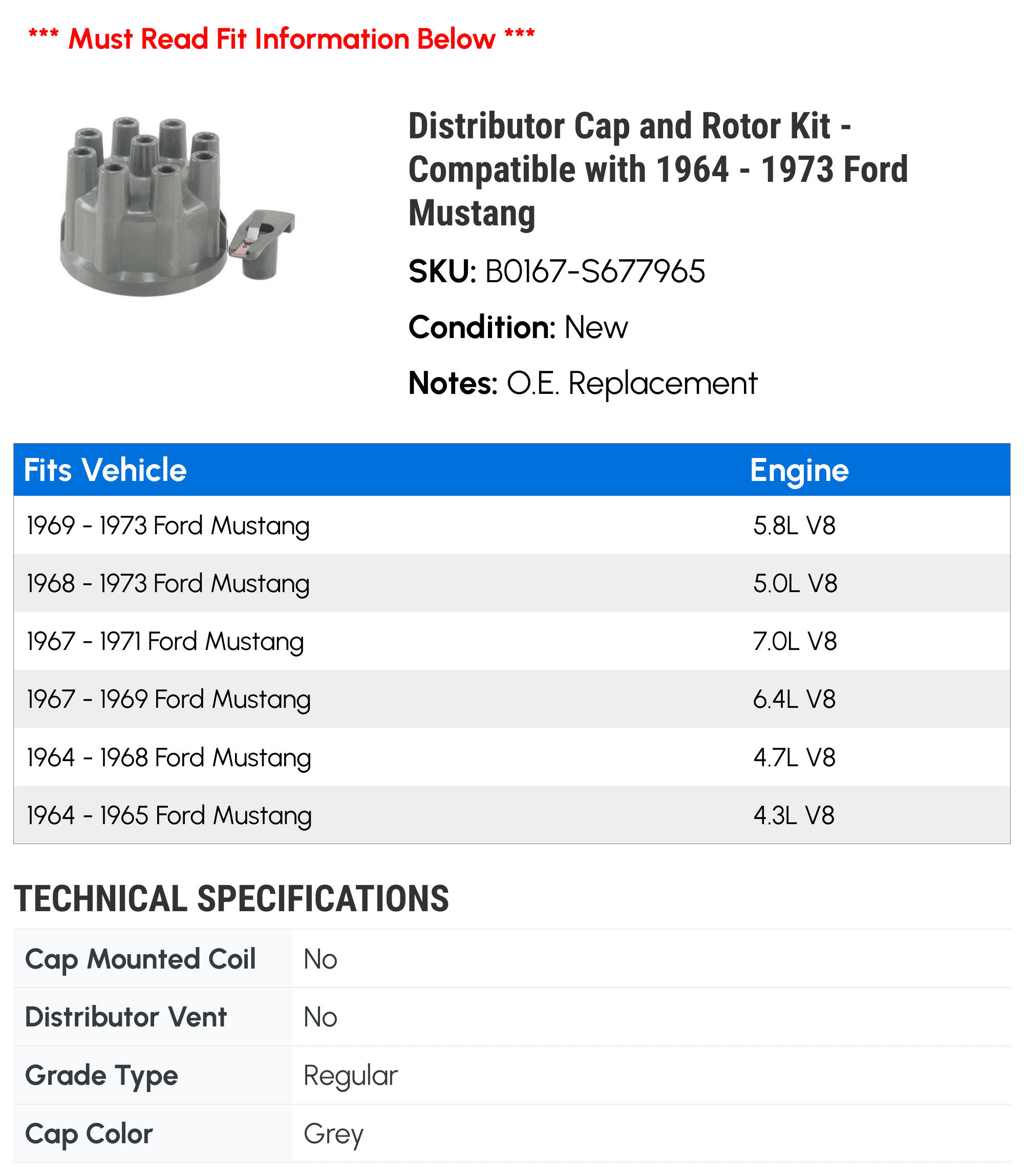 Distributor Cap and Rotor Kit - Compatible with 1964 - 1973 Ford Mustang 1965 1966 1967 1968 1969 1970 1971 1972
