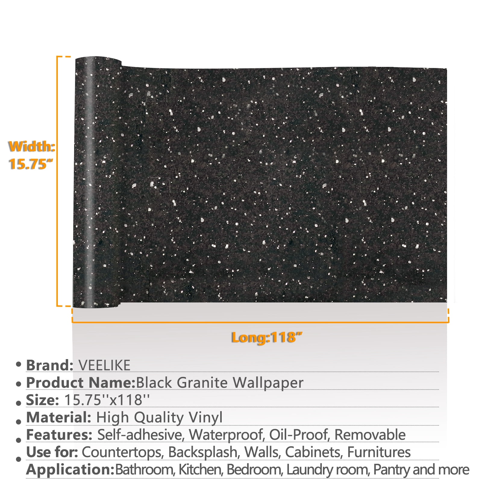 VEELIKE 15.7''x118'' Black Marble Contact Paper for Countertops Waterproof Self Adhesive Granite Wallpaper Peel and Stick Countertops Removable Marble Contact Paper for Kitchen Cabinets Walls Table