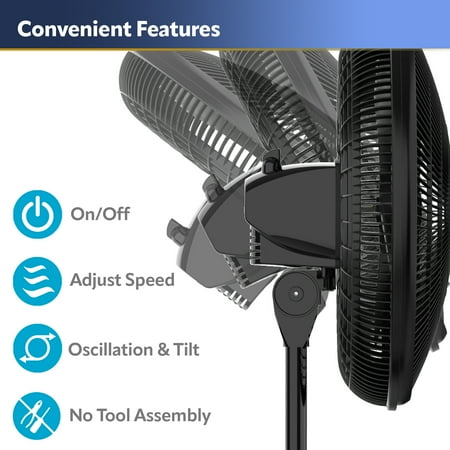 Lasko 16 Oscillating Adjustable Pedestal Fan with 3-Speeds, S16500, Black