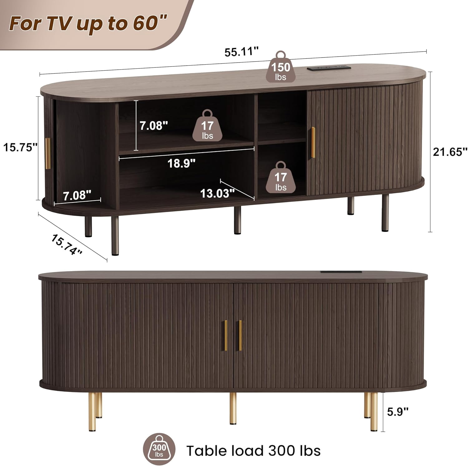 55 Inch Mid-Century Modern TV Stand with Power Outlet and Sliding Doors, Entertainment Center with Adjustable Storage Shelves, for TVs up to 60 Inches, Dark Walnut