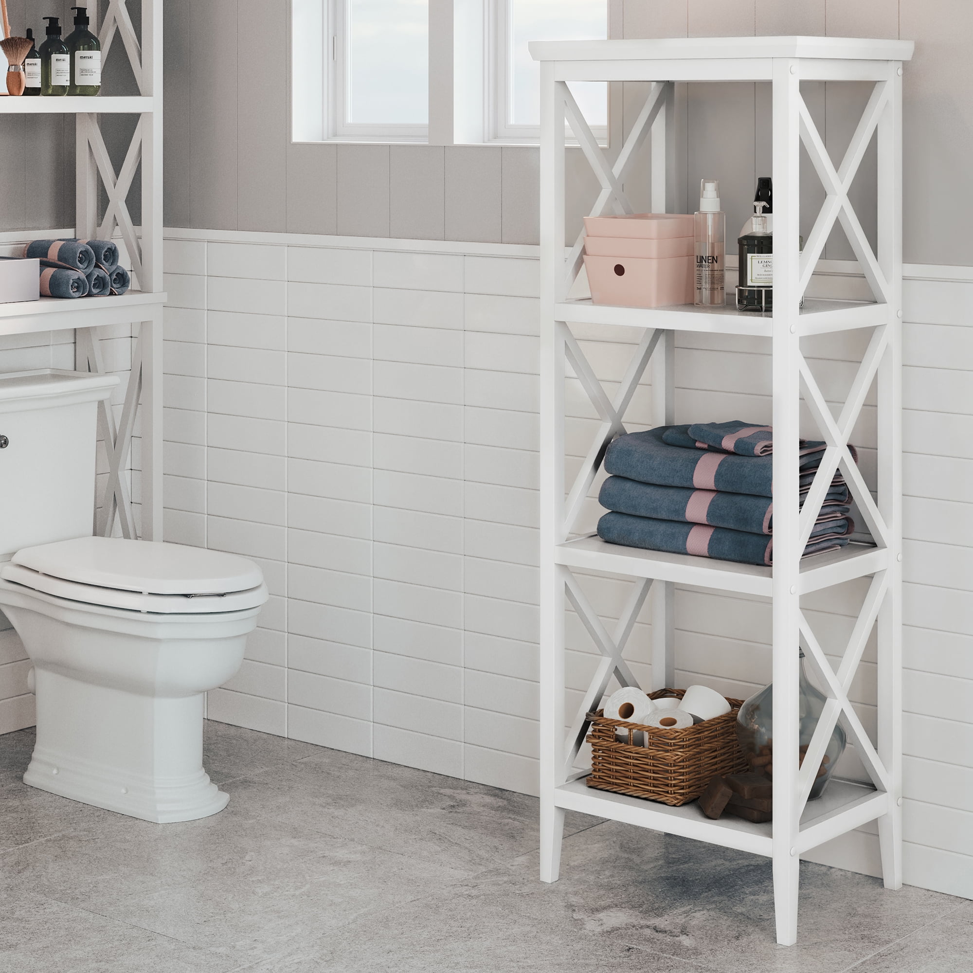 white bathroom shelf tower