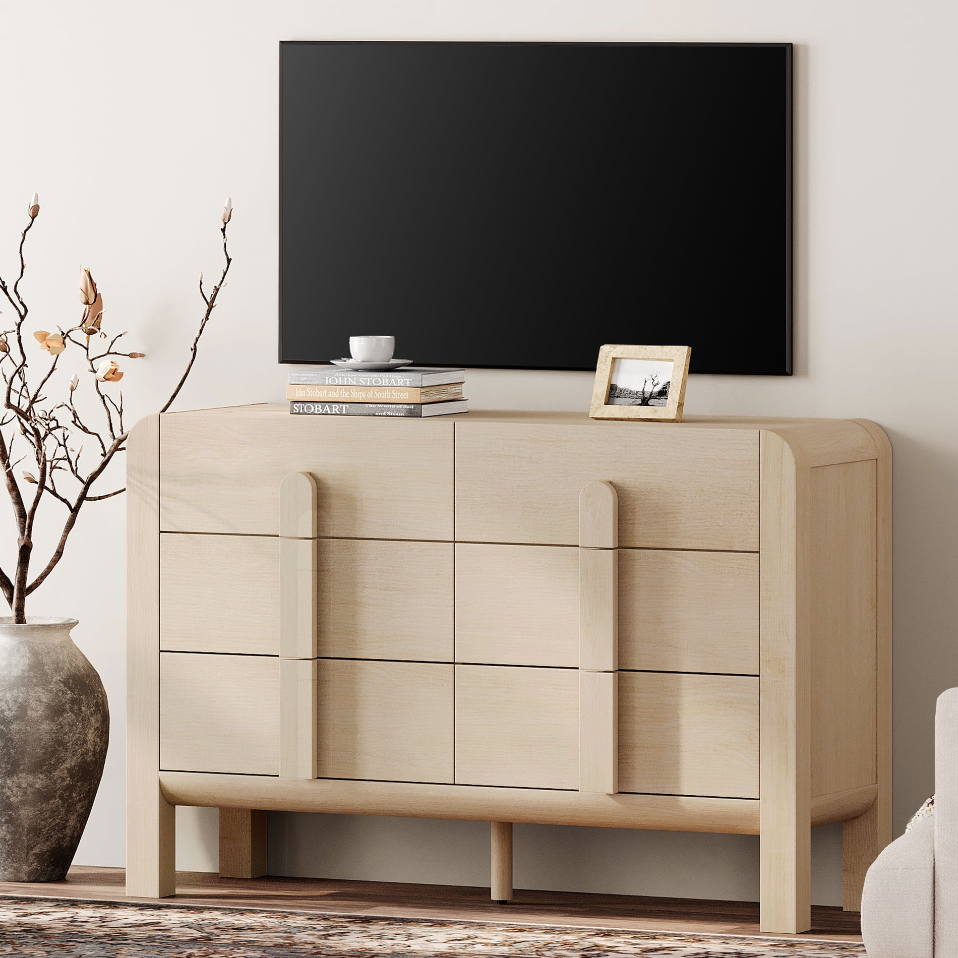 Modern 6 Drawer Dresser TV Stand for 55 Inch TV, Entertainment Center with Curved Profile Design, Wood TV Console with Storage for Living Room