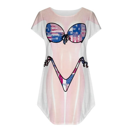 Virmaxy Womens Cover Ups Dress Independence Day 3d Printed Bikini Short Sleeve Round Neck Graphic Dress Multicolor-A XL
