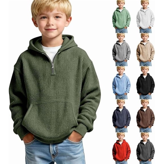 Aihuaihua Boys Quarter Zip Hoodies, Waffle Knit Kids Long Sleeve Hooded Sweatshirts with Pocket, Pullover Tops Clothes 4-14 Years
