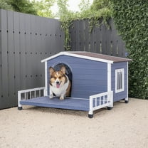 Pefilos 44" Wooden Dog House Outdoor Large Dog Kennel Weatherproof with Raised Floor, Windows and Door Curtains for Small to Medium Dogs, Gray