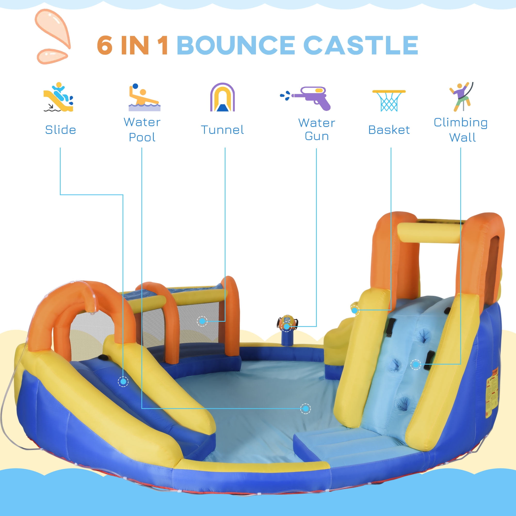 Outsunny 6-in-1 Inflatable Water Slide Kids Bounce House Jumping Castle Includes Slide Basket Pool Water Gun Climbing Wall Tunnel with Carry Bag, Repair Patches and 750W Air Blower