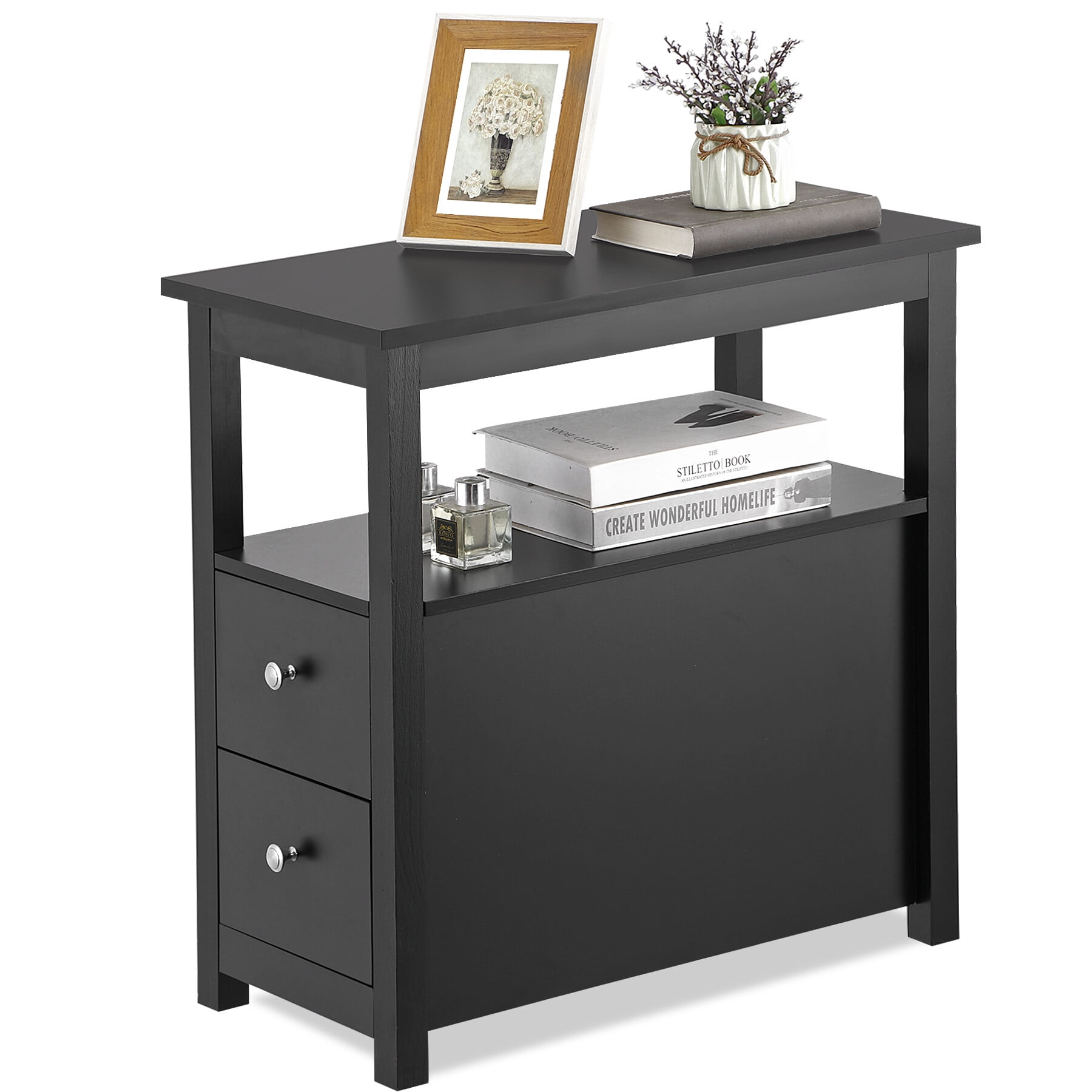 ZENSTYLE End Table Side cabinet with 2 Drawer and Shelf Narrow Nightstand Furniture Storage For Living Room Bedroom
