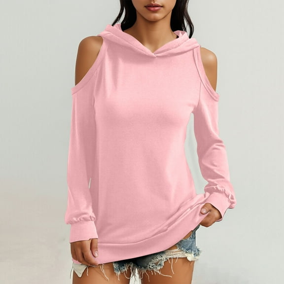 Karight Women's Off The Shoulder Hoodies Long Sleeve Cold Shoulder Pullover Plain Oversized Hooded Sweatshirt