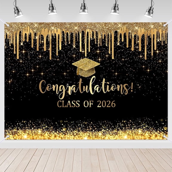 7X5FT Graduation Party Decorations Black Gold Congrats Grad Class of 2026 Backdrop Banne Photography Background Party Supplies for 2026 Graduation Party Decorations