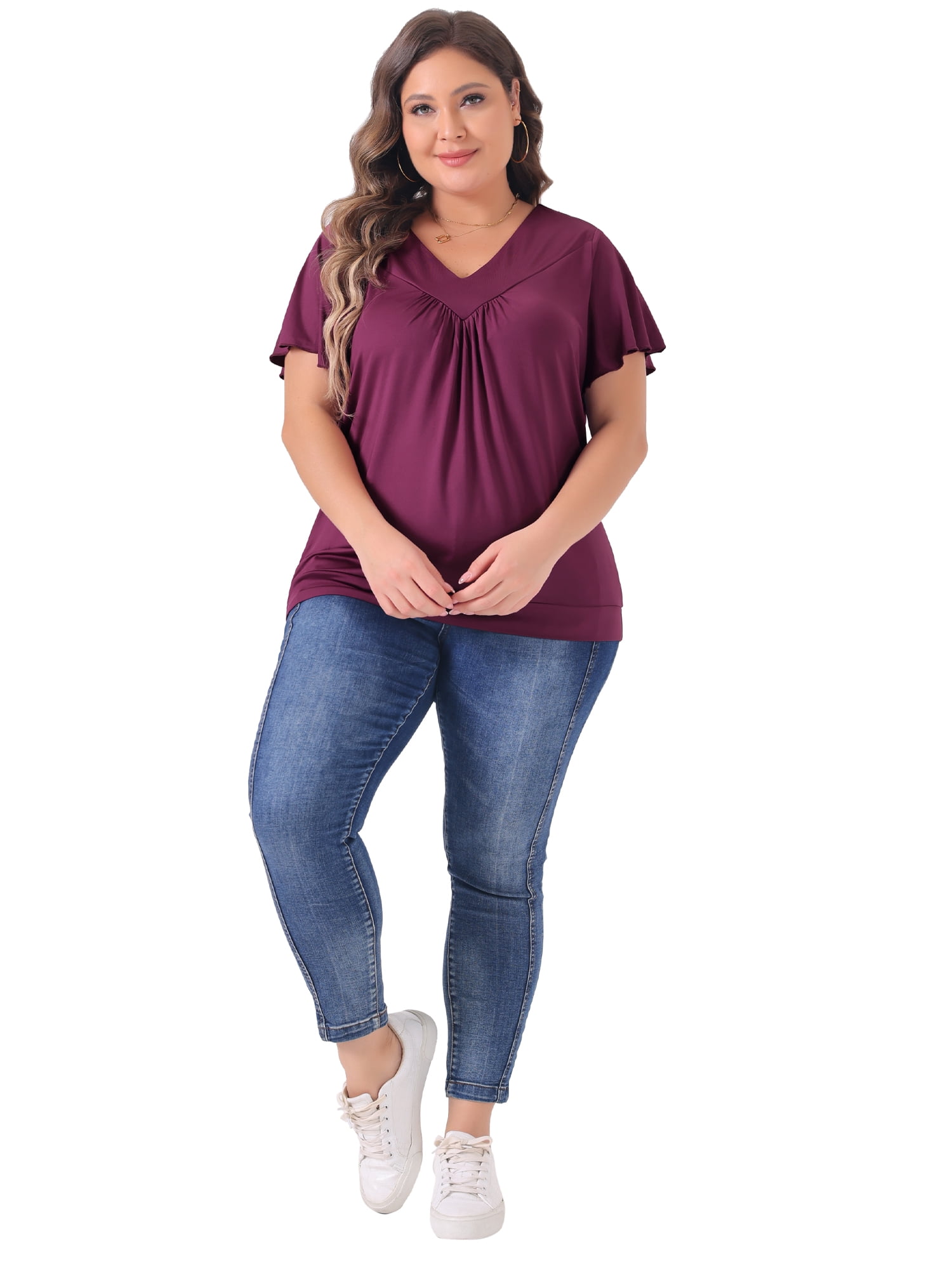 DARING DIVA Women's Plus V Neck Ruffle T Shirt Tee Tops 4X Purple Red