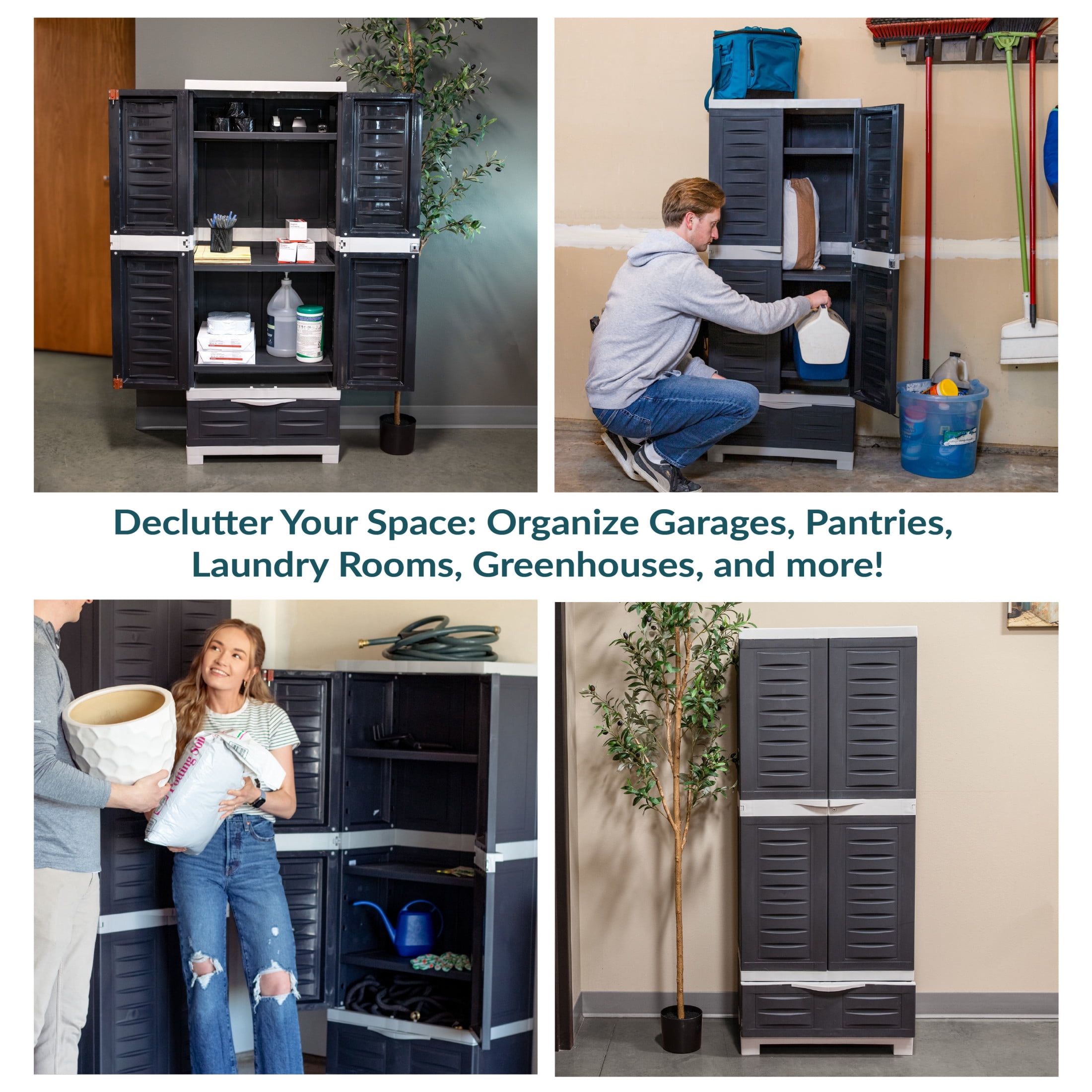 Sunnydaze Lockable Adjustable 57.5" Plastic 3-Shelf 1-Drawer Freestanding Storage Cabinet, Charcoal with Gray Trim
