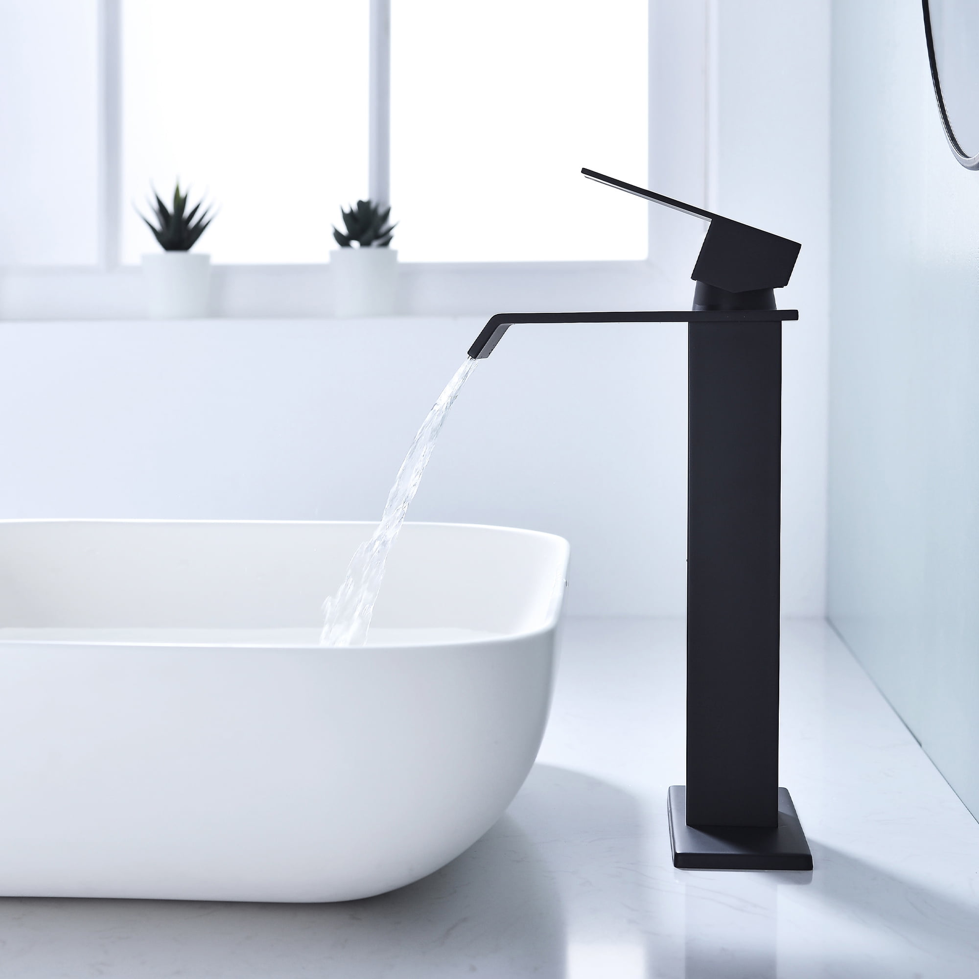 Single handle single hole waterfall spout bathroom vessel sink faucet with deck plate