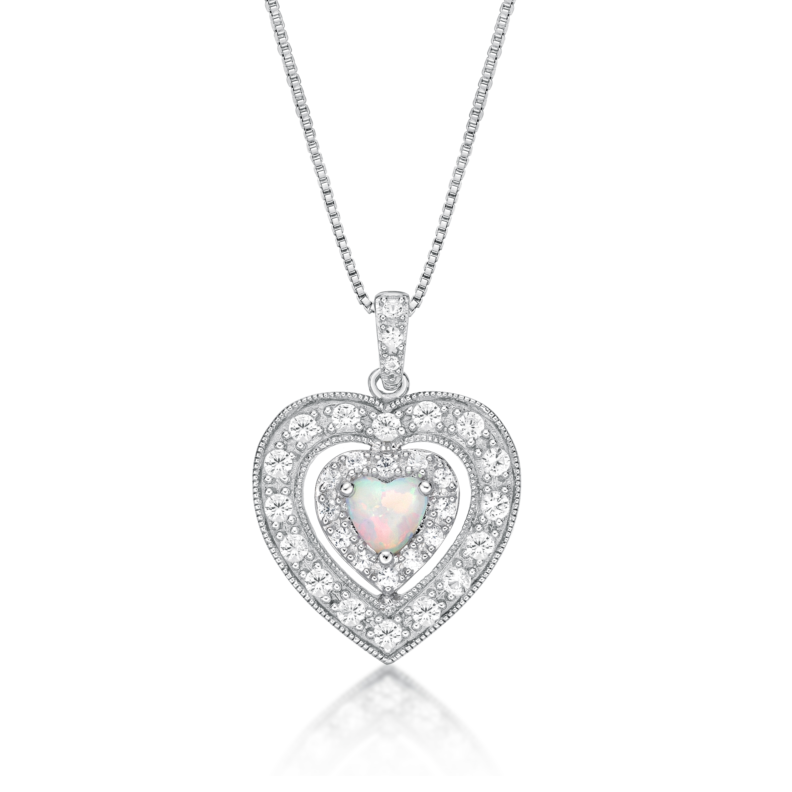 Brilliance 925 Sterling Silver Created Opal and Created White Sapphire Heart Pendant with 18" Chain