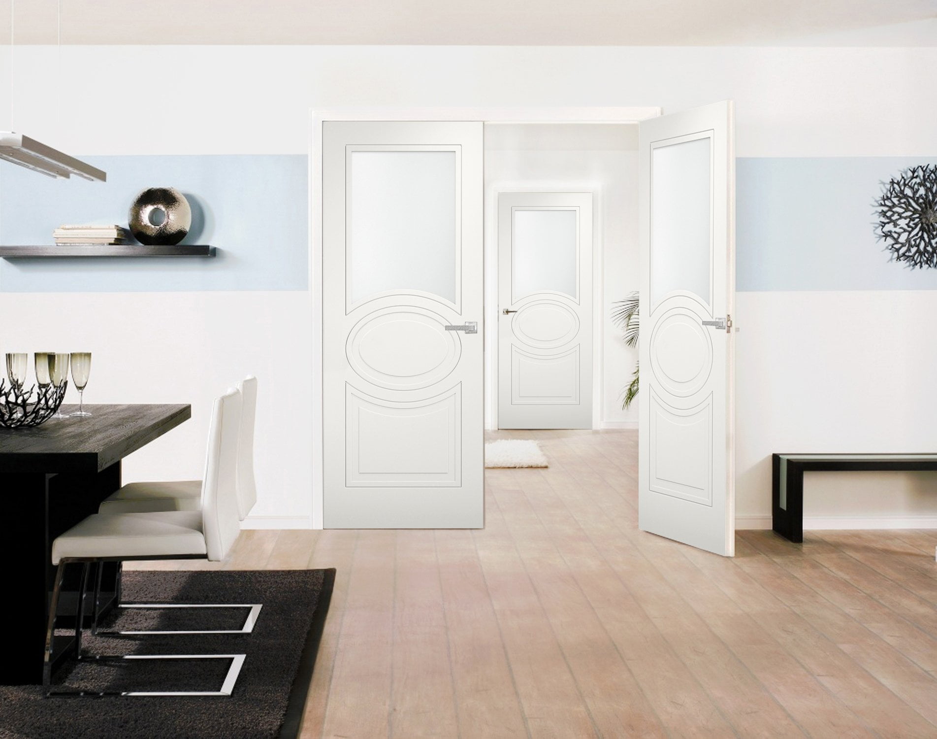 Solid French Double Doors 84 x 80 inches Opaque Glass / Mela 7012 Matte White / Wood Solid Panel Frame / Closet Bedroom Modern Doors