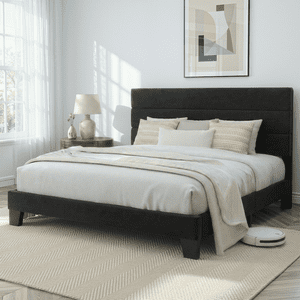 Amolife King Platform Bed, Velvet Upholstered Headboard