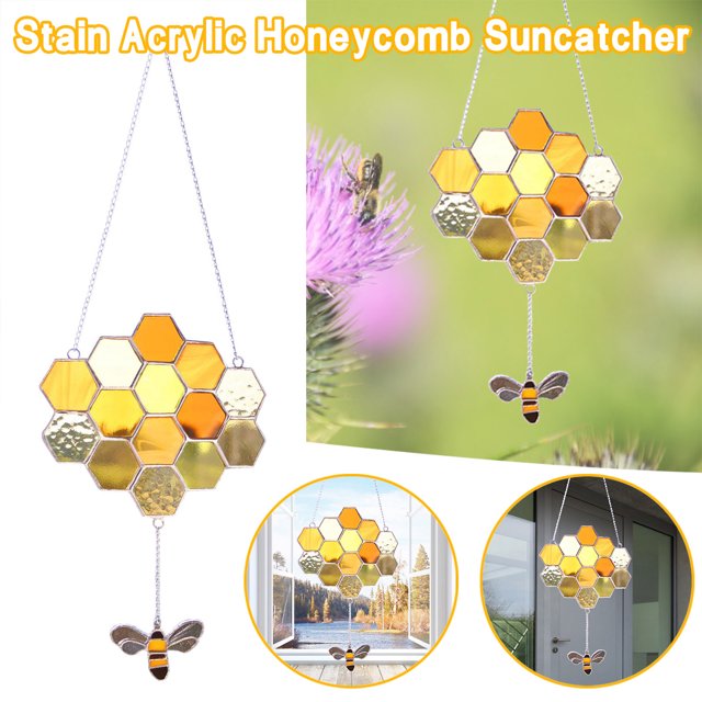 Stain Acrylic Honeycomb Suncatcher Window Hanging Decor WIth A Honey Bee Chain