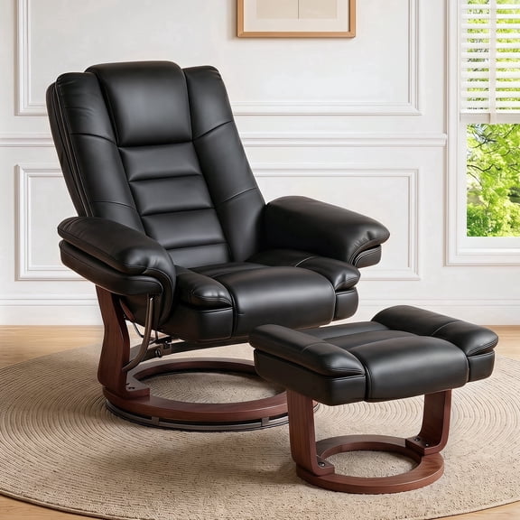 360° Swivel Recliner Chair with Ottoman, PU Leather Ergonomic Lounge Chair with Footrest, Adjustable High Back Reclining Chair with Wood Base for Living Room, Bedroom, Office
