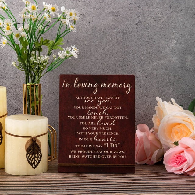Letrero de boda con mensaje "In Loving Memory", decoraciones de madera para recepción de boda, letrero de mesa conmemorativo para boda