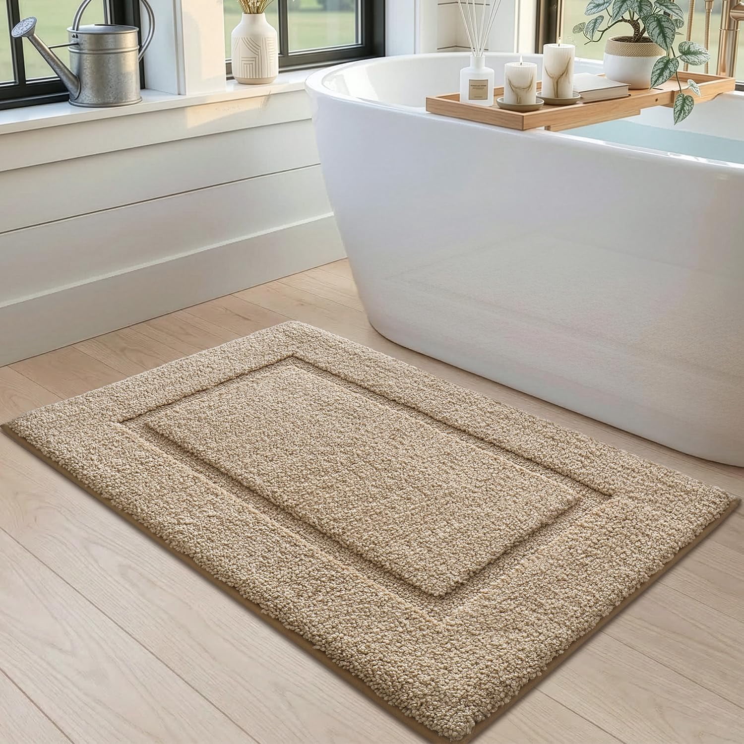 Bathroom Rugs 32x20, Washable Non Slip Bath Mat for Shower Floor, Absorbent Quick Dry Bathmat with Rubber Backing, Ultra Soft Plush Carpet for Tub, Beige