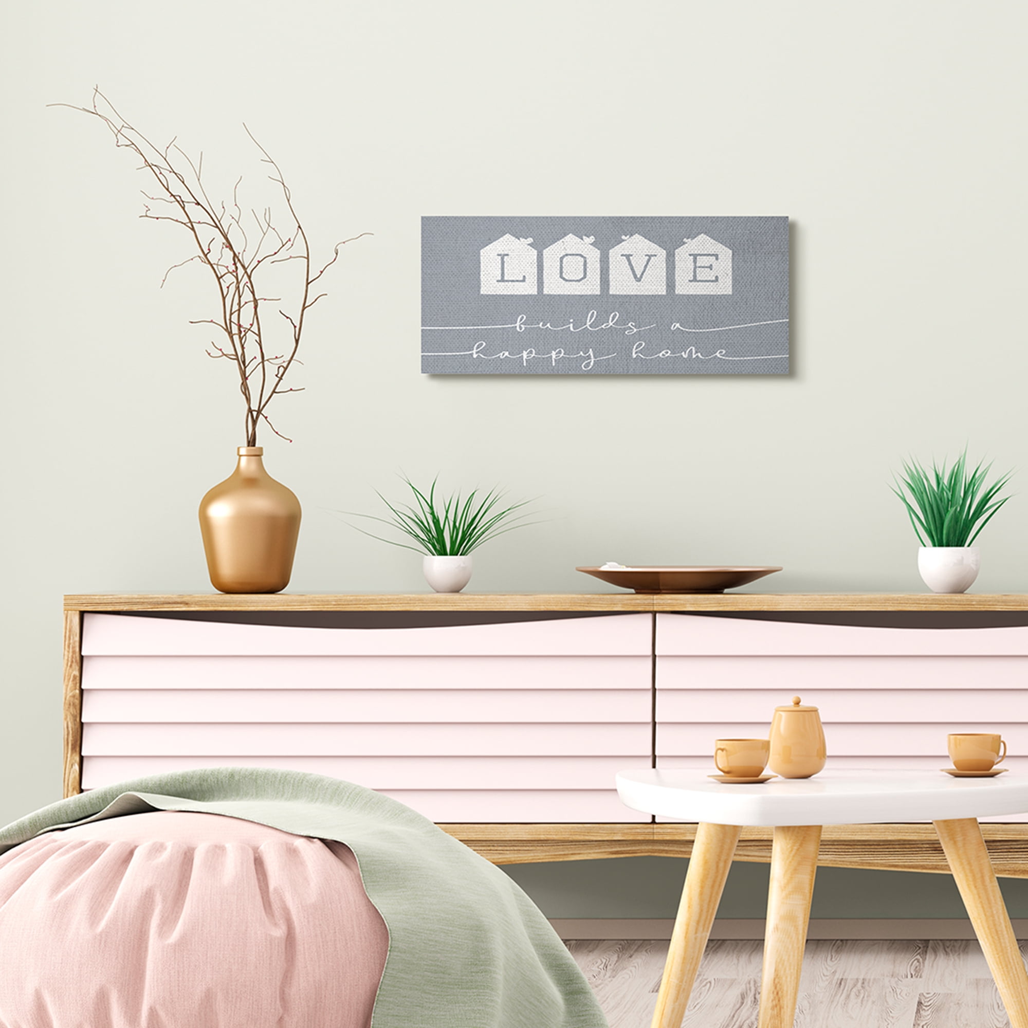 Stupell Industries Love Builds a Happy Home Phrase Blue Neighborhood Inspirational Painting Gallery Wrapped Canvas Art Print Wall Art, 10 x 24